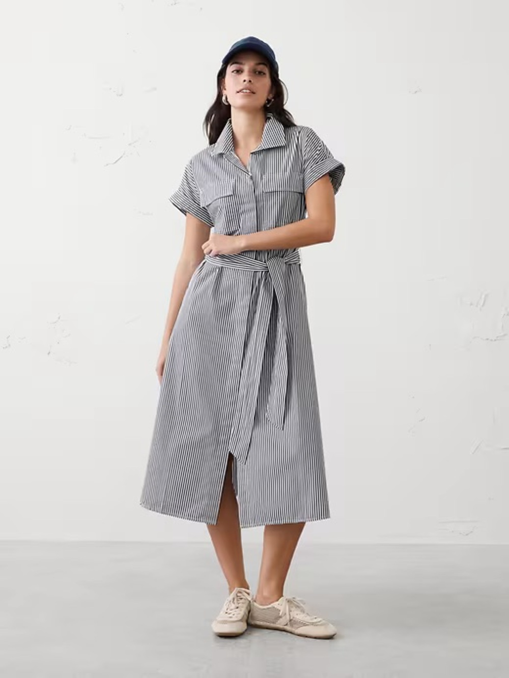Banana Republic Striped Midi Shirt Dress Size Medium with Belt Blue White NEW